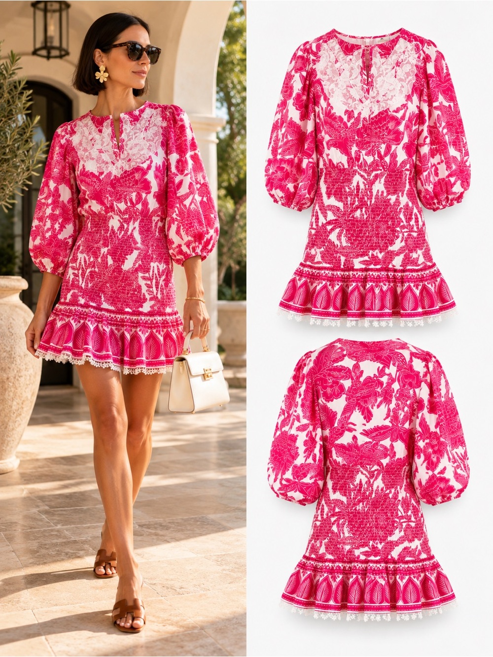 FARM Rio Pink Tropical Woodcut Mini Dress Size XS Smocked Lace Cotton Vacation